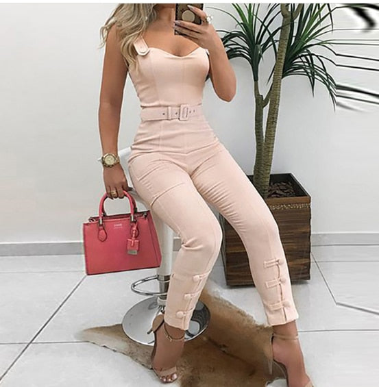 2020 Summer Elegant Office Overalls Skinny Slim Fit V-Neck Sleeveless Casual Romper Thin Strap Button Design Jumpsuits