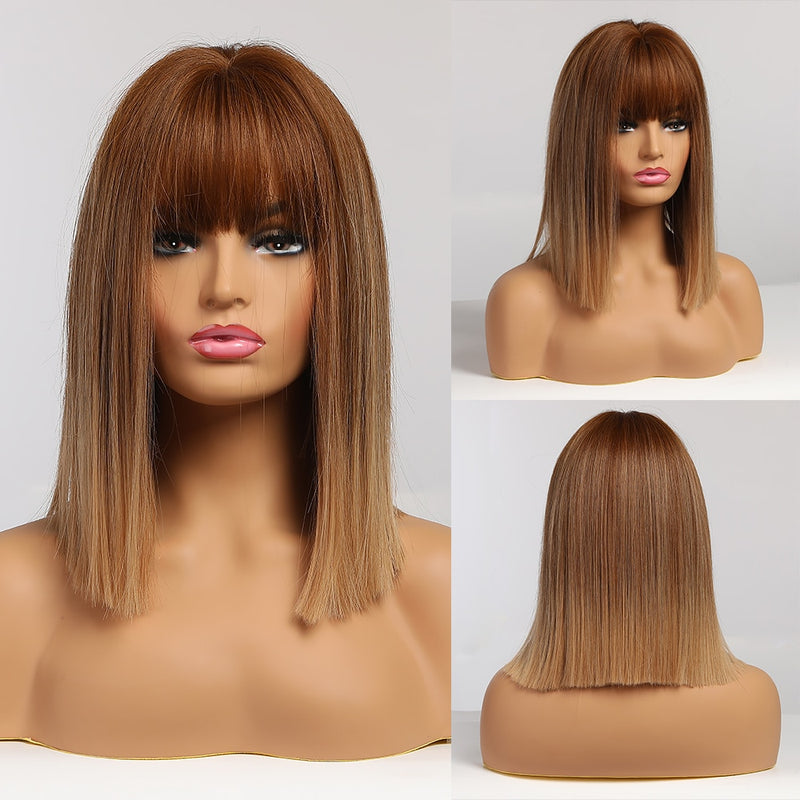 LOUIS FERRE Ombre Blonde Synthetic Wig with Bangs for Women Medium Length Layered Straight Bob Wigs Heat Resistant Daily Use Wig