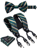 DiBanGu Mens Adjustable Silk Suspenders Bow Tie Cufflinks Pocket Square Set Metal Clips Y back Elastic Braces Wide Strap 3.5CM