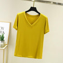 chic casual  Cotton T Shirt Ribbed Short Sleeve Women Summer Basic v-neck T shirt Loose Candy Color T-shirt Tee Female