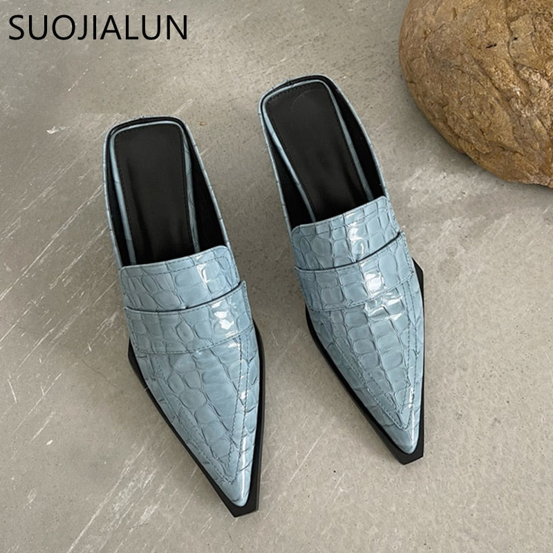 SUOJIALUN 2021 Spring Women Slipper Square Med Heel Slip On Mules Pointed Toe Stone Pattern Sandal Female Casual Slides Shoes