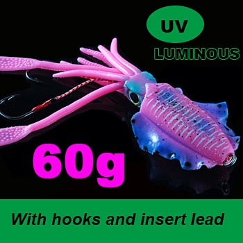 SUNMILE Fishing Soft Squid Lure 60g/80g/100g/120g/150g Luminous/UV Squid Jig Fishing Lures For Sea Fishing Wobbler Bait