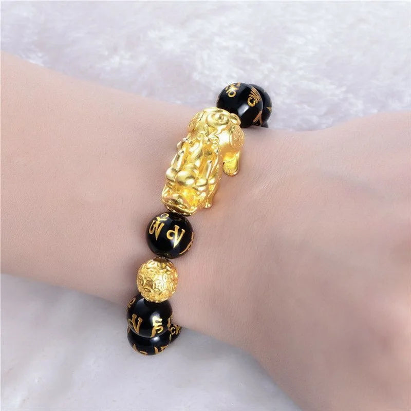 Feng Shui Obsidian Stone Beads Bracelet Wristband Gold Color Black Pixiu Wealth Good Luck Women Bracelet  Men Women Unisex