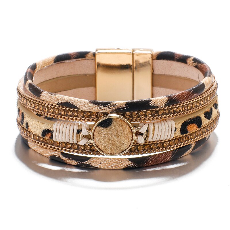 Amorcome Bohemian Round Charm Leopard Leather Bracelets for Women Crystal Wide Wrap Bracelet Fashion Bracelets & Bangles Jewelry