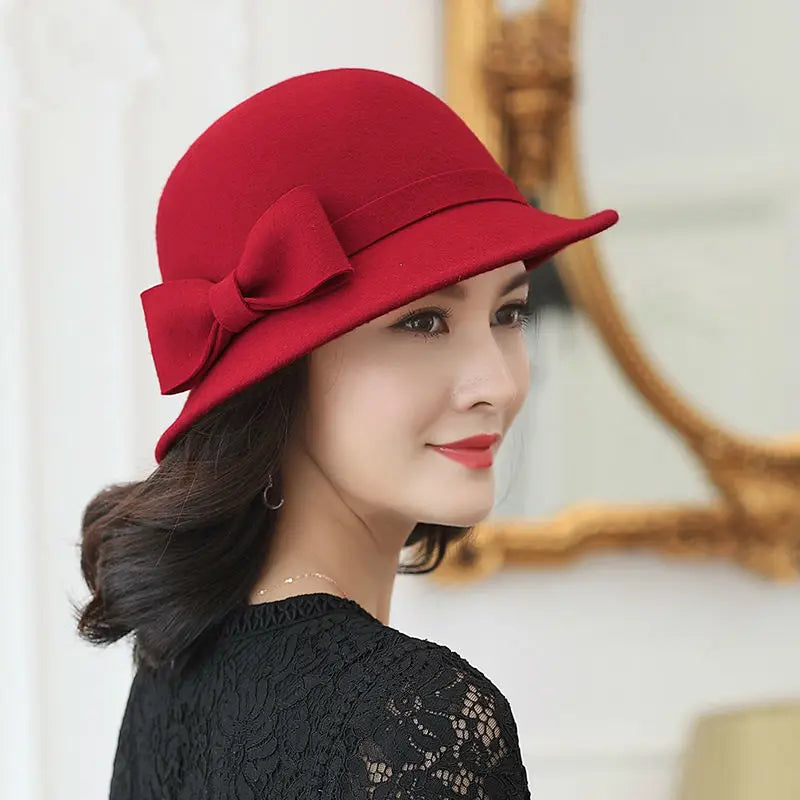 Mother Gift Women Winter 100% Wool Felt Cloche Hats Lady Elegant Up-turn Brim Bowknot Fedora Hat