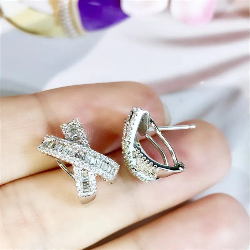 2020 New Arrival Hot Sale Luxury Jewelry 925 Sterling Silver Cross Earring Princess Cut White Topaz CZ Diamond Clip Earring Gift