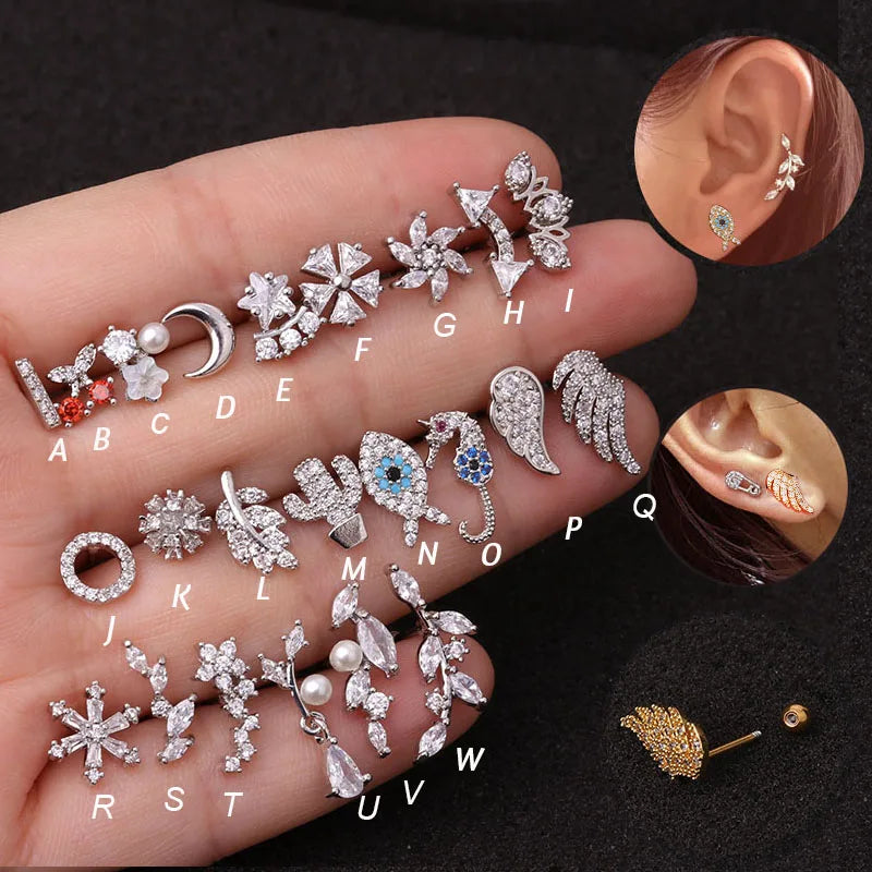 Hot 1piece  Steel Copper Fish Hand Tree CZ ear piercing jewelry steel barbell daith earrings helix cartilage studs Piercing