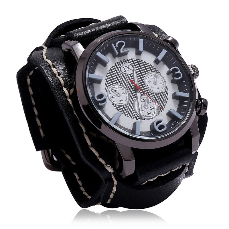 New Retro Mens Watches Genuine Leather Wide Watchband Wristwatch Fashion Punk Style Quartz Watch For Men 2023 Cowhide Bangles