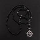 6mm Klassische Vintage Schwarze Lange Naturstein Runde Perlenkette für Herren mit Kompass-Anhänger Schmuck Geschenk