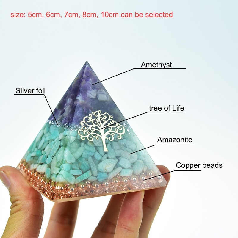 Orgonite Pyramid Jeremiel Ajna Chakra Natural Amethyst Amazonite Overcome Difficulties Resin Pyramid Crafts Decoration