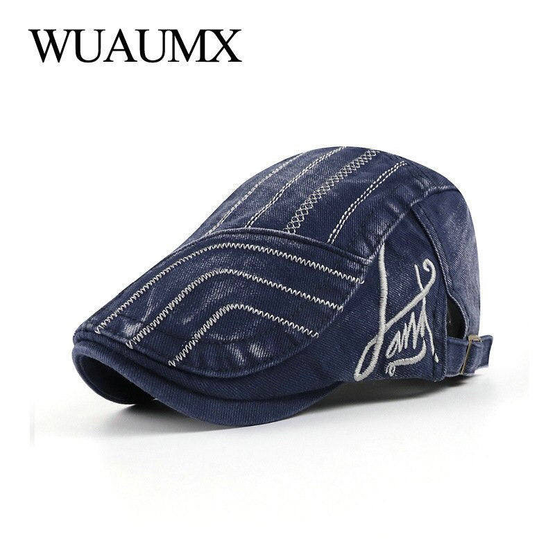 WUAUMX NEW Spring Men's Beret Hats Striped Flat Peaked Cap Women Washed Denim Herringbone Cap Visors Adjustable gorras hombre