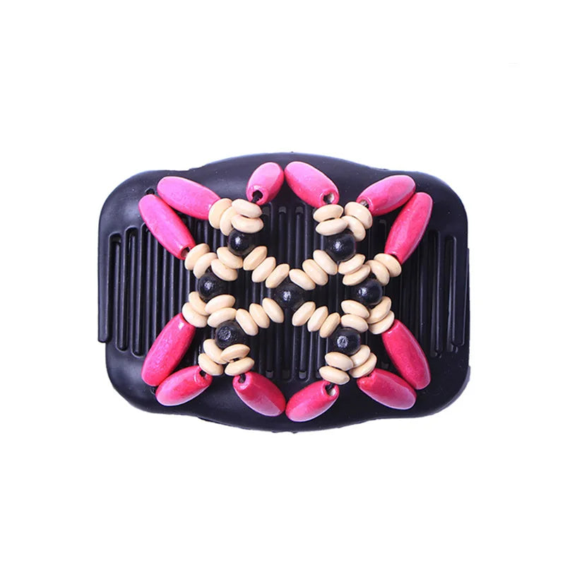 Vintage Natural Wood Double Beaded Elastic Hairpin Hair Comb Beaded Hair Magic Comb Clip Beads Pin Ladies Hair Accessories