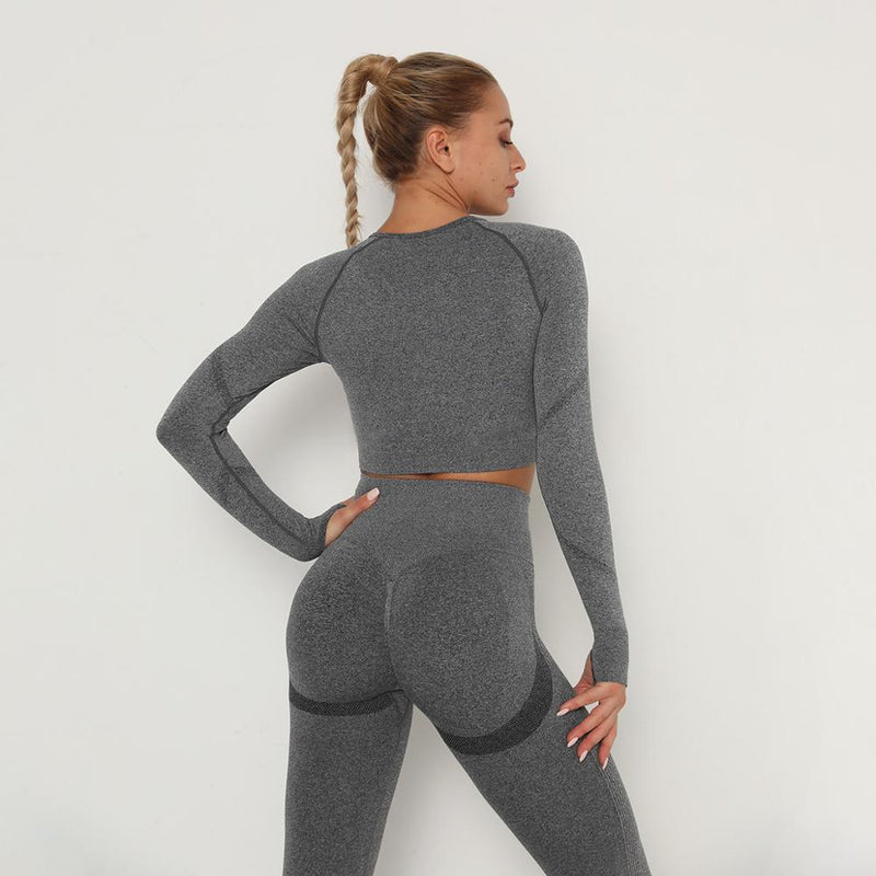Seamless Women Yoga Set Fitness Workout Clothes Long Sleeve Crop Top High Waist Leggings + Sport Bra Sports Suits
