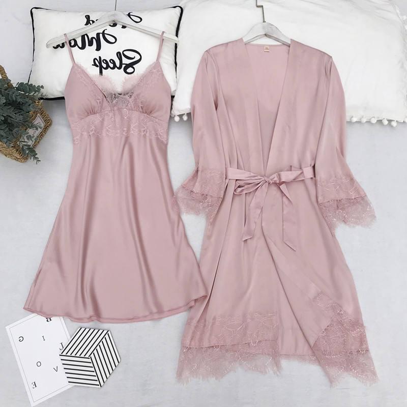 Pajamas Set Silk Satin Womens Lace Nightwear Spring Strap Pyjamas Suit Female Lounge Sleepwear with Chest Pads Home Wear