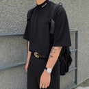 Letter Embroidered Black T-shirt Men Korean Loose Half Turtleneck Tees Boy 2022
