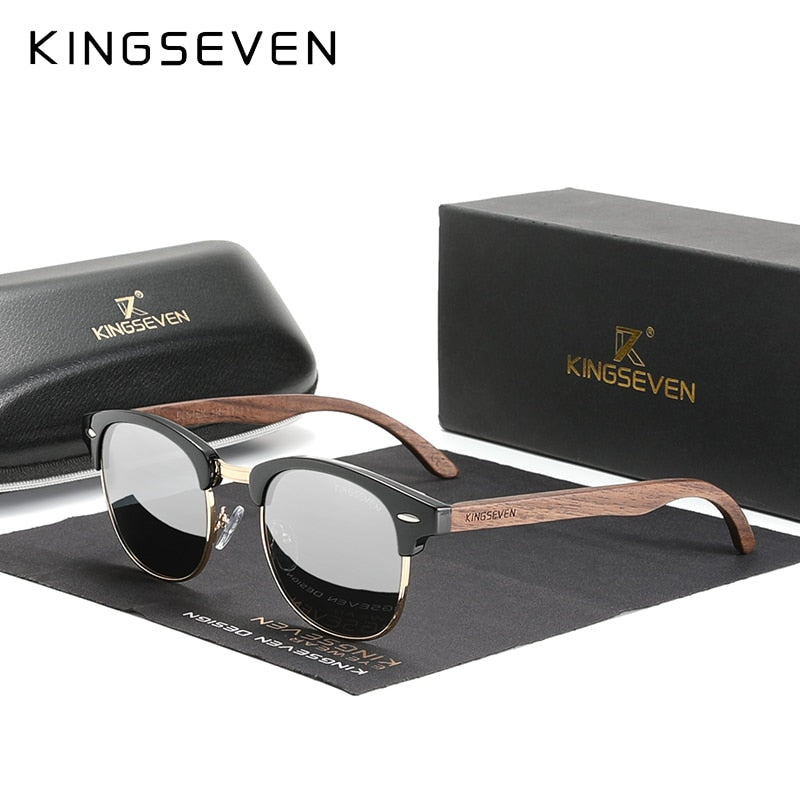 KINGSEVEN Handmade 2022 Black Walnut Wooden Sunglasses Men Polarized UV400 Protection Semi-Rimless Retro Eyewear Women Oculos