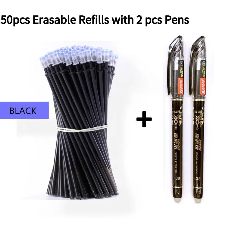 2+50Pcs/Set 0.5mm Blue Black Ink Gel Pen Erasable Refill Rod Erasable Pen Washable Handle School Writing Stationery Gel Ink Pen