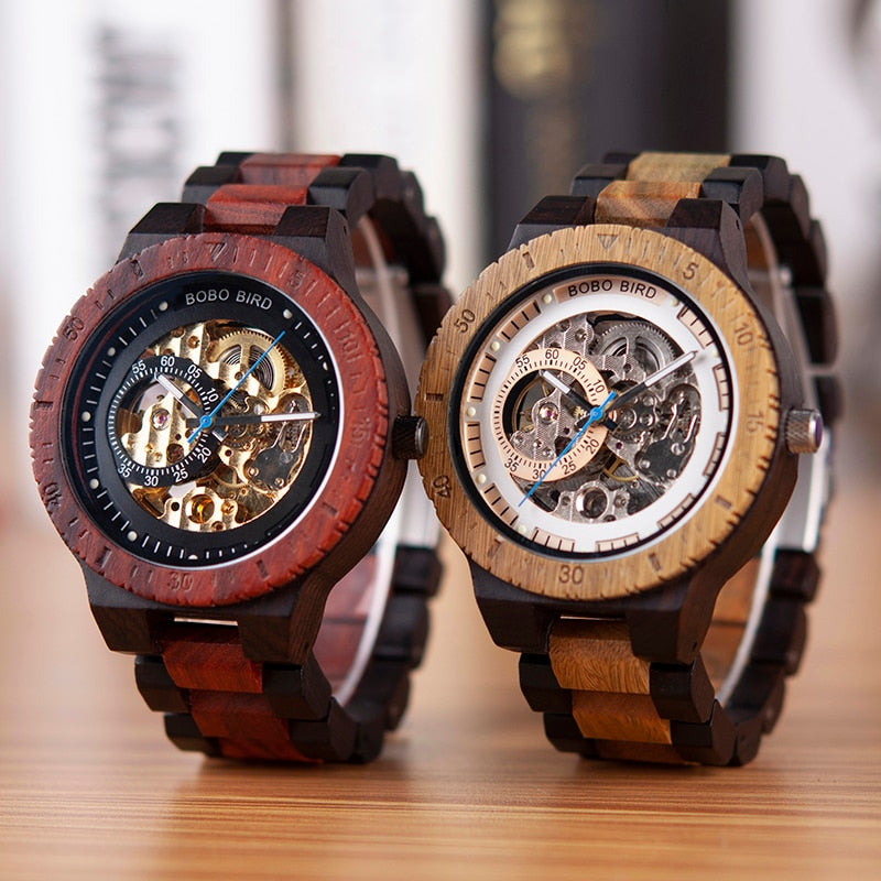 BOBO BIRD Wooden Mechanical Watch Men Luxury Retro Design Case With Gold Label Beside Automatic and Multi-Functional Wristwatch