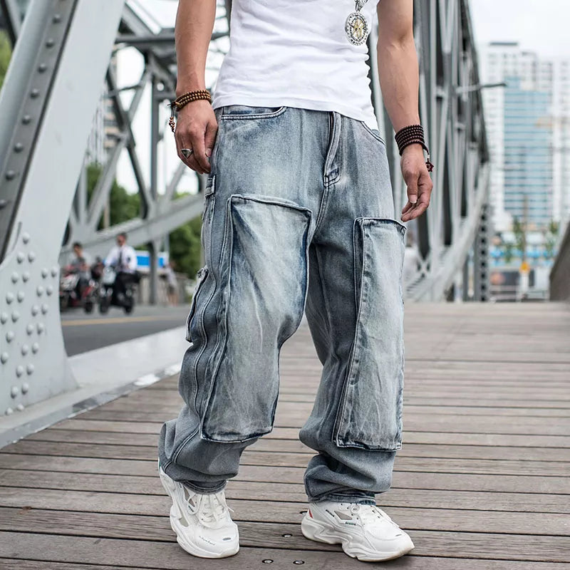 Jeans For Men Men's Plus size Skateboard Pants Straight-leg Motorcycle Jeans Men's Loose Blue jeans with Big pocket Jeans