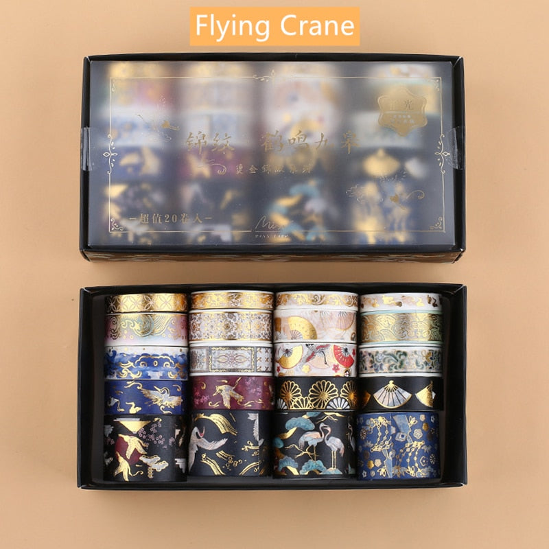 20pcs Vintage Gold Foil Washi Tape Set Crane Cosmic Fantasy Sakura Flower Adhesive Masking Tapes DIY Decoration Sticker A6157
