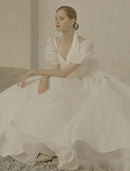 2022 Korea Style Sweetheart Puffy Sleeve Organza A-Line Backless Simple Lace-Up Wedding Dress Bride Gown Vestidos De Novia