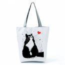 New Lady Tote Bags Black White Cute Cat Printed Fabric Eco Handbag High Capacity Shopping Office Reusable Casual Shoulder Bag