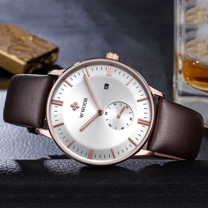 2022 Famous Brand WWOOR Watch Men Luxury Casual Quartz Watches For Men Sports Business Leather Wrist Watch Men Relogio Masculino