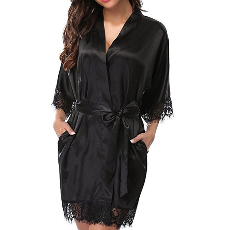 New Women Night Gown Robe Lace Bathrobe Nightgown Halt Sleeve Night Mini Dress Lace Sexy Sleepwear Dresses With Belt