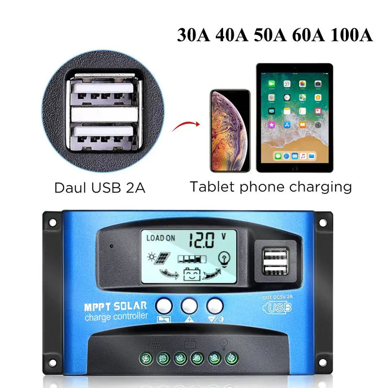 MPPT Solar Charge Controller 12V/24V 30/40/50/60/100A  Dual USB LCD Display Auto Solar Cell Panel Charger Regulator Charge