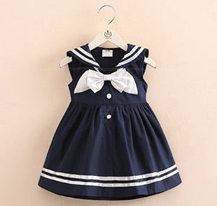 2023 Summer 2-10T Years Children Sweet Sleeveless Bow Sailor Collar Navy Blue White Patchwork Little Kids Girls Navy Vest Dress