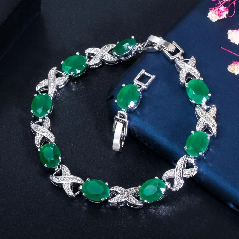 CWWZircons 2022 New Trendy Jewelry Elegant X Cross Oval Green CZ Crystal Ladies Party Tennis Bracelet with Extender CB210