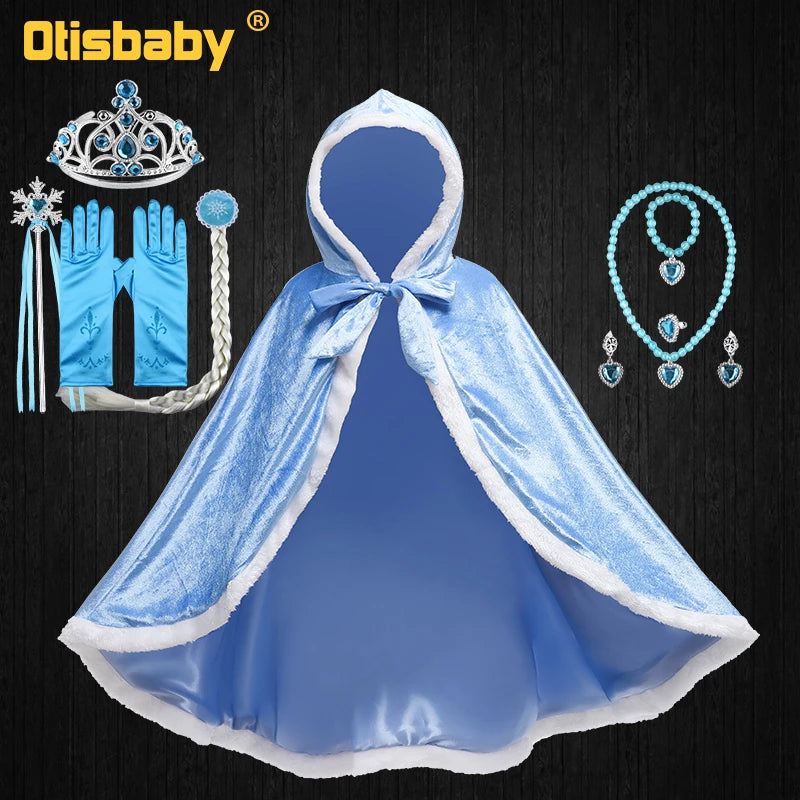 Children Snow Queen Anna&Elsa Girls Velvet Cloak Hooded Christmas Fairy Cinderella Rapunzel Aurora Belle Princess Dress Up Cape