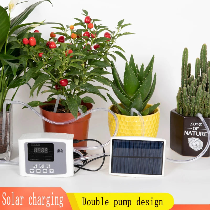 Solar Energy Drip Irrigation System Set Plant Double Pump Automatic Watering System Timer Garden Self-Watering Kit For flowers