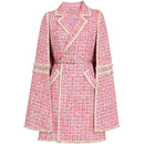 Small fragrance tweed cloak woolen coat women pink double breasted slim wool blend overcoat