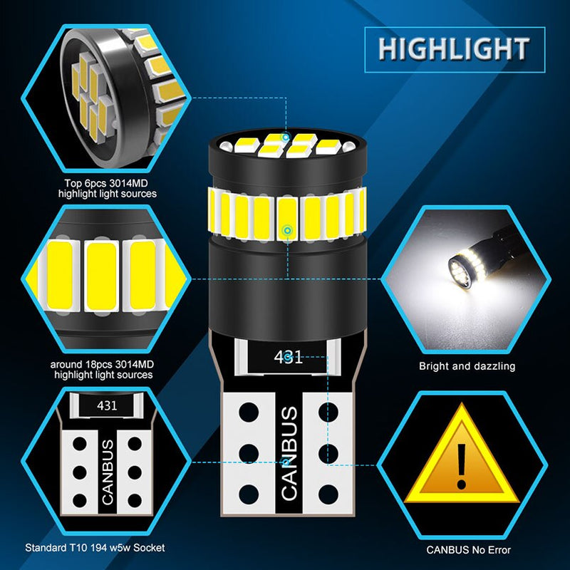 2pcs T10 W5W led Canbus Bulbs 168 194 no error led Parking lights Interior Dome Lights 24SMD 3014 White 12V for Audi BMW Benz