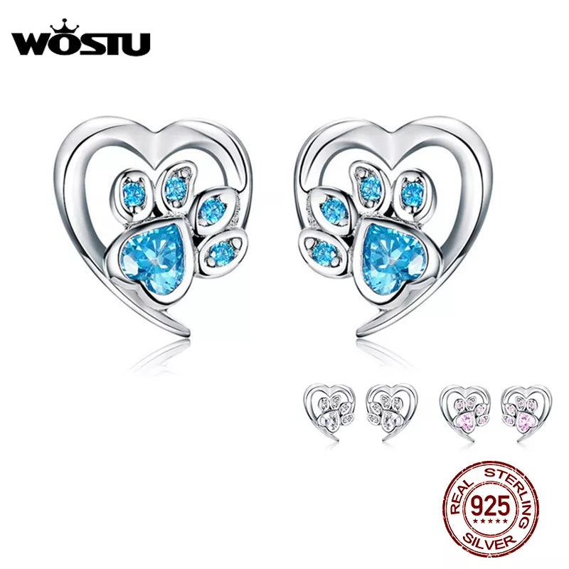 WOSTU Dog Paw Footprint Heart Earrings 100% 925 Sterling Silver Blue Zircon Earrings For Women Wedding Luxury Jewelry CQE654