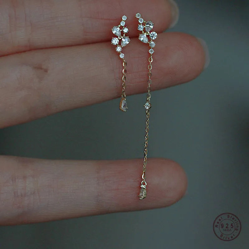 925 Sterling Silver Simple Pavé Crystal Grape Leaf Earrings Women Long Tassel 14k Real Plating Gold Jewelry Accessories Gift
