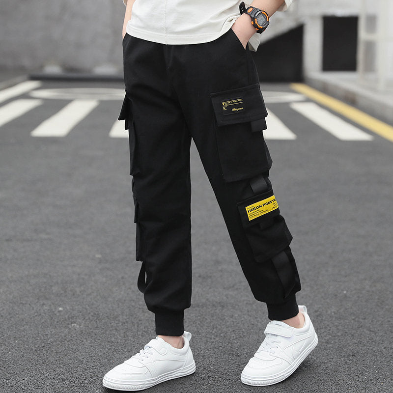 Kids Boy Tape Side Cargo Pants Loose Style Teenager Khaki Black Cargo Pants Classic Kids Sports Trousers for Big Boy 4-13 Years