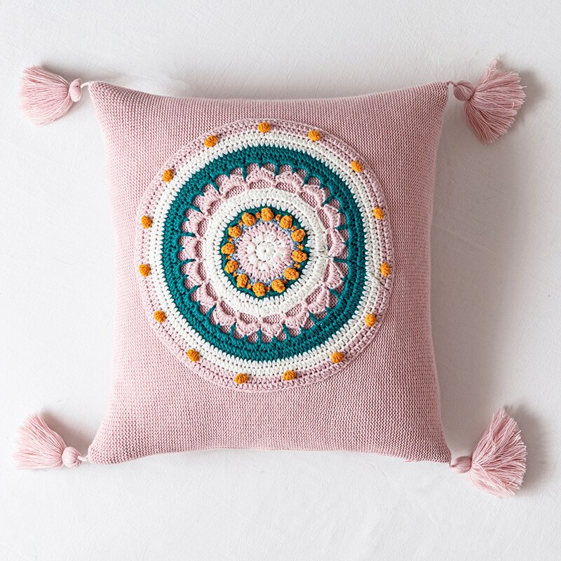 Floral Cuhion Cover 45x45cm Pillow Cove Pink Cream Yellow Green Tassels Acrylic Knit Home decoration Pillow Case  For sofa Bed