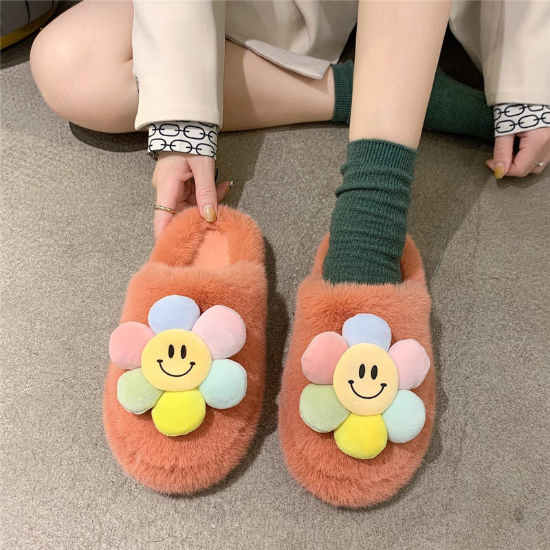 Sun flower Slippers Women Slippers Furry Fluffy Flat Shoes Winter Home Slippers Fashion Comfortable Slip Lazy Thick Fur Slides