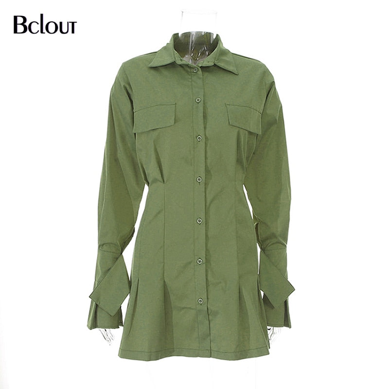 White Short A Line Dress Women New Office Lady Dress Solid Tunic Shirt Dress Female Pocket Cotton Dresses Autumn Green Vestido