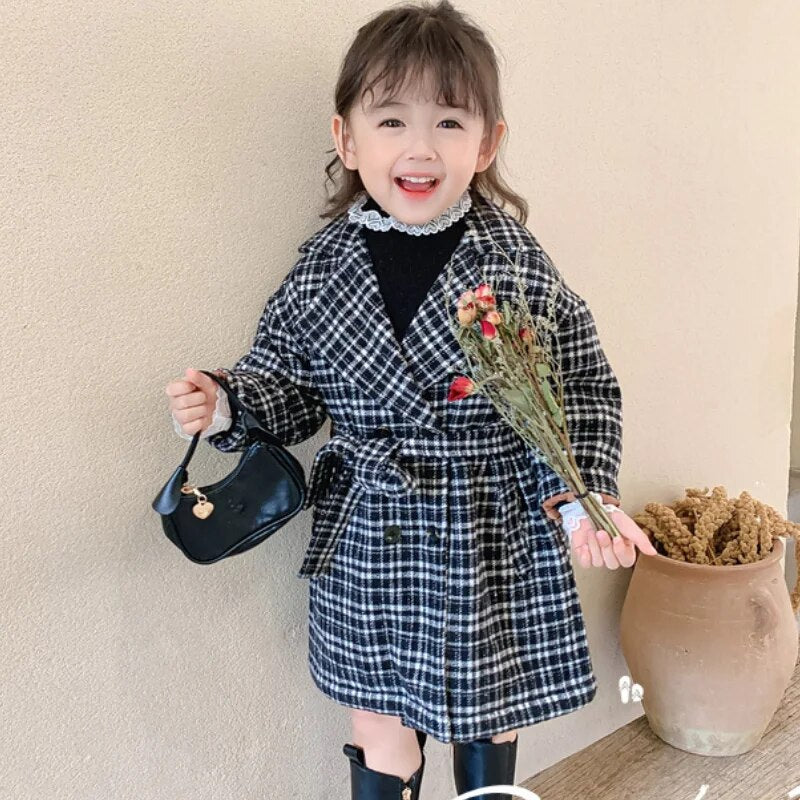 Baby Boy Girls Wool Jacket Long Double Breasted Warm Toddle Teen Lapel Tweed Coat Spring Fall Winter Baby Outwear Clothes 3-14Y