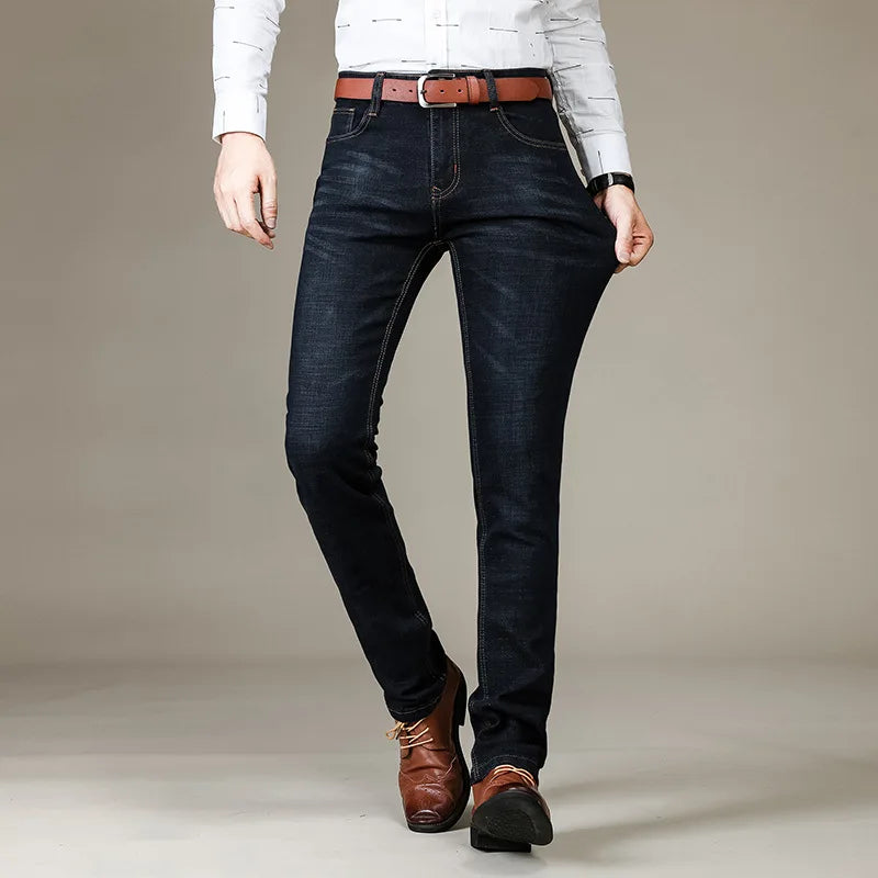 Autumn Classic Men's Fitted Stretch Jeans Business Casual Cotton Denim Straight Leg Pants Male Black Blue Trousers