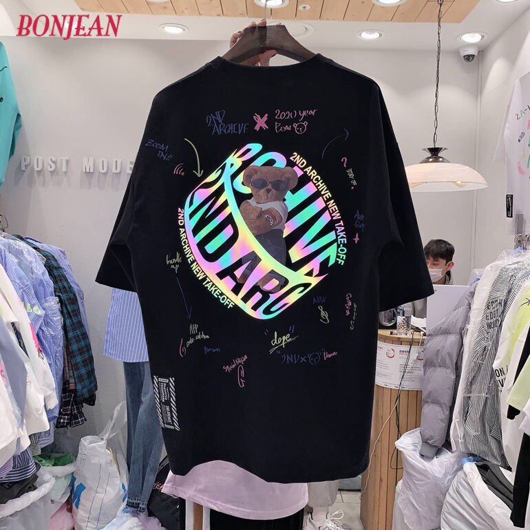 Harajuku Hip Hop Women Shirt INS Reflective Back Cartoon Bear T-shirt 2020 Summer Loose Couple Mid-length Short Sleeve Tops