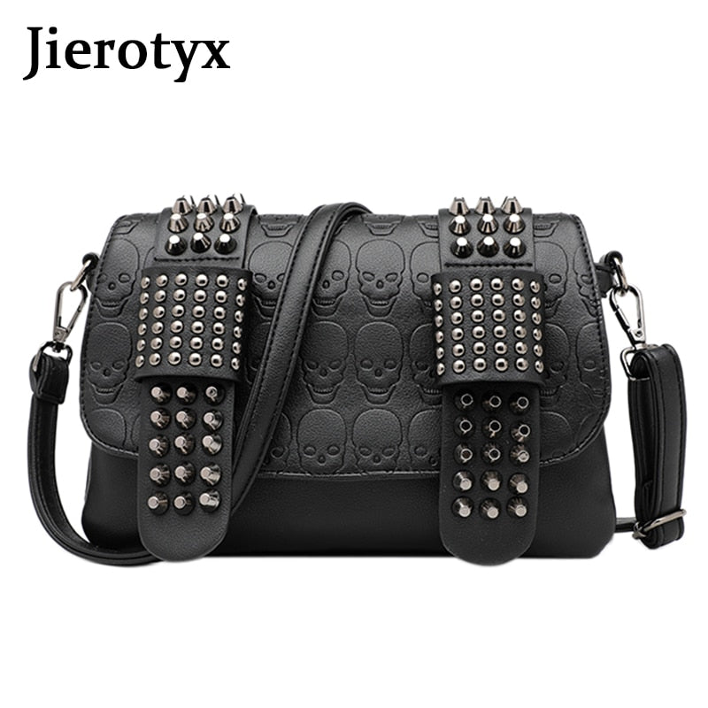 JIETOTYX Women Black Leather Messenger Bags Single Skull Rivet Shoulder Bags Sac A Main Bolsa Black Vintage Sexy Bag Lady Drop