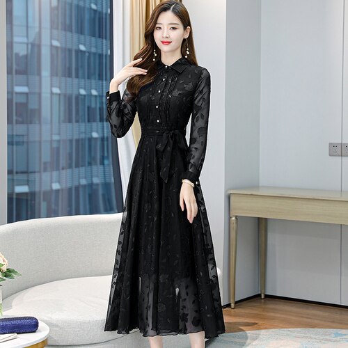 2023 Elegant Pink Midi Dress Autumn Winter Vintage Solid Casual Chiffon Maxi Dress Women Bodycon Party Black Night Wedding Dress