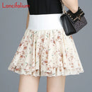 Floral Mini Skirt Women Summer Pleated Swing Chiffon Skirt Girl Black Korean Kawaii Female Elastic High Waist Skirt Shorts B009