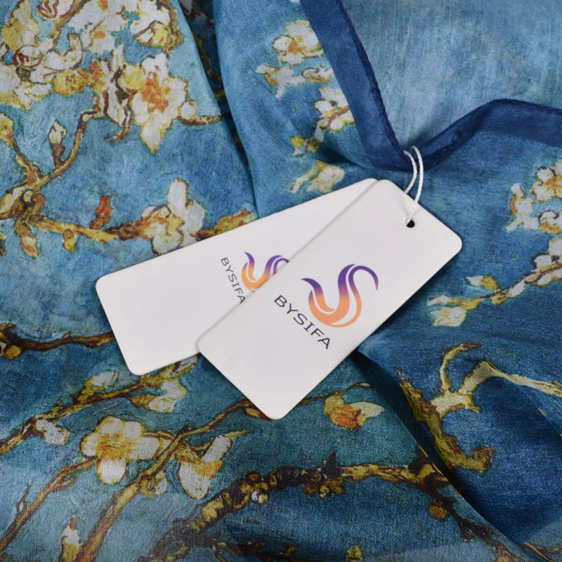 [BYSIFA] Ultralarge Spring Autumn Silk Scarf Wraps Brand Female Long Scarf Cape Fashion New Design Lace Pattern Blue Silk Scarf
