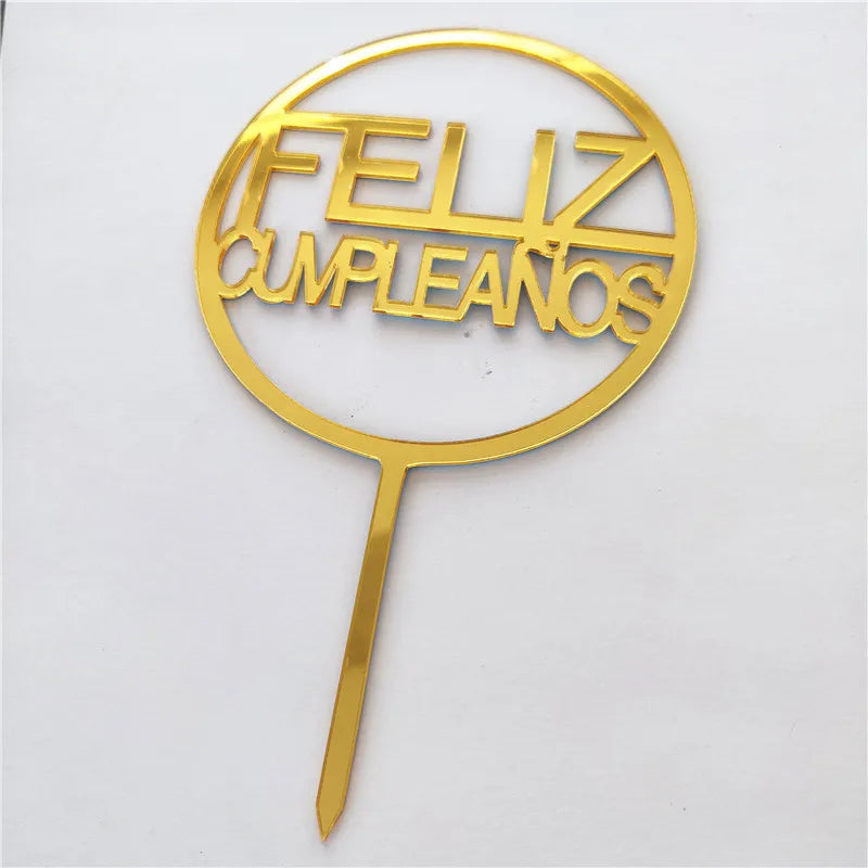Golden Acrylic Happy Birthday Cake Topper Spanish language Birthday Party Cake Toppers For Kids holiday gifts Dessert Decoration