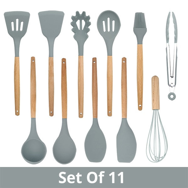 Silicone Cooking Utensils Kitchen Utensil Set - Non-stick Spatula Shovel Natural Acacia Wooden Handle Kitchen Tools